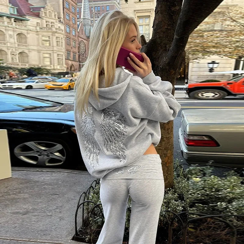 Casual Sequin Wings Hooded Sweatshirt Pant Set Women Gray Loose Full Sleeve Pullover Suit 2025 Autumn Winter Lady Daily Outfit