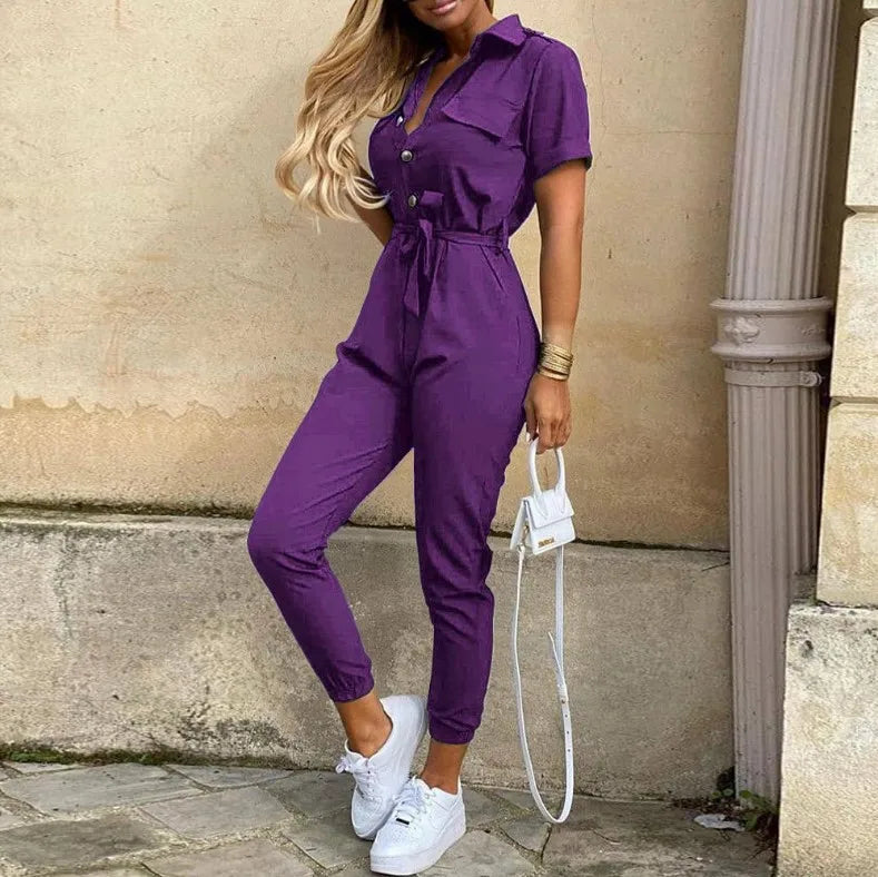 Summer Women's New Fashion Flip Collar Button Print Belt Lace Up Work Dress Casual Capris Jumpsuit Office